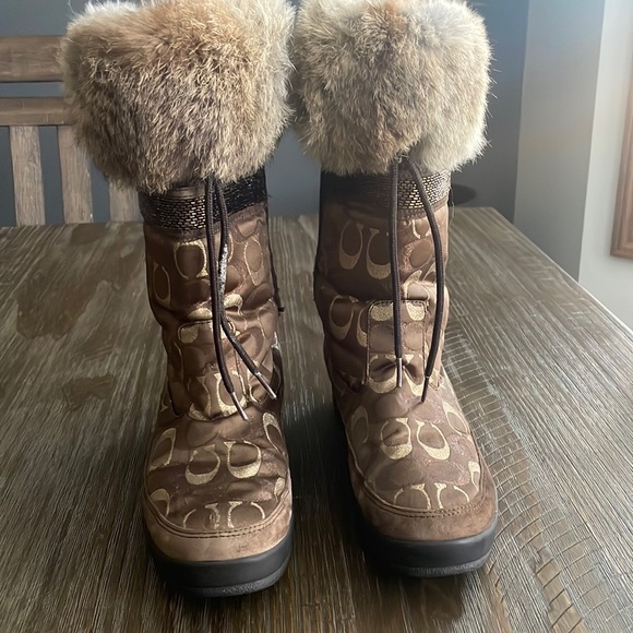 Coach | Shoes | Coach Lizzie Gold Brown Monogram Fur Boots Size 9
